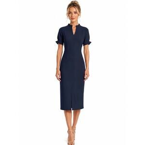 Maggy London Perry Sheath Short Sleeve Midi Dress Navy Blue Size 6